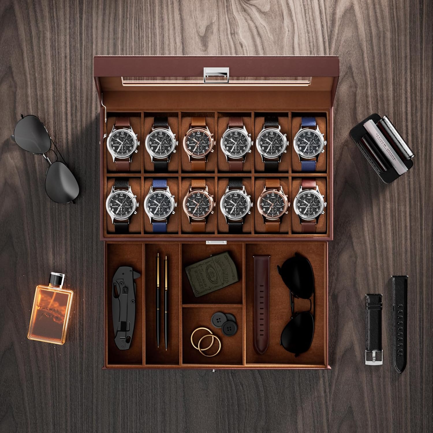 12 Slot Watch Box with Drawer, - Jewelry Box Organizer Watches incelemesi ve fiyatı